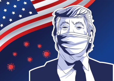 Yüz maskesi takan Trump, ABD bayrağı ve parçacıkları taşıyan Covid 19.