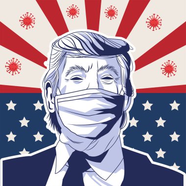 Yüz maskesi takan Trump, ABD bayrağı ve parçacıkları taşıyan Covid 19.