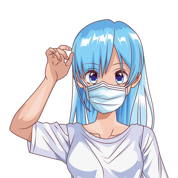 Yüz maskesi kullanan kadın anime karakteri — Stok Vektör