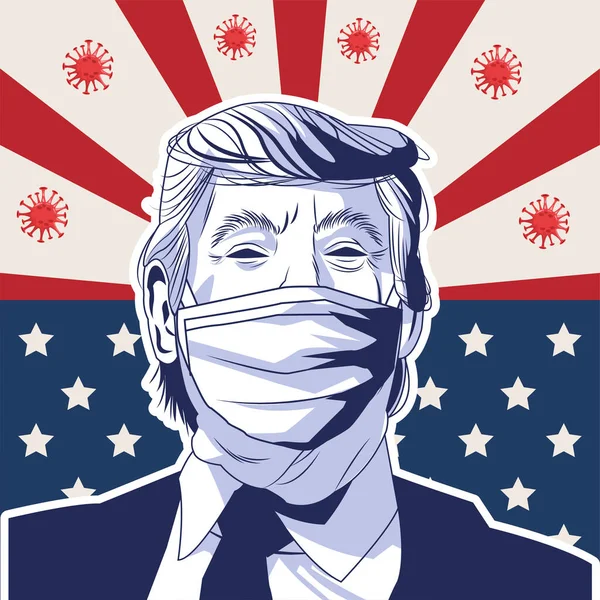 Trunfo vestindo máscara facial por covid 19 com bandeira dos EUA e partículas — Vetor de Stock