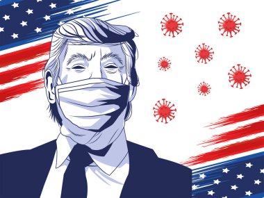 Yüz maskesi takan Trump, ABD bayrağı ve parçacıkları taşıyan Covid 19.
