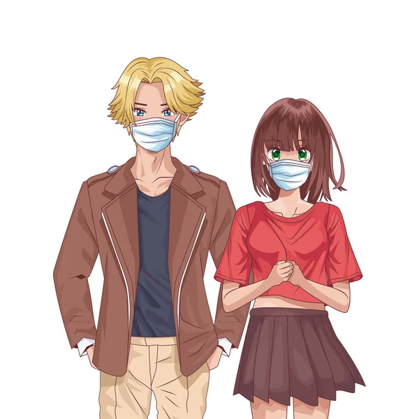 Young couple using face masks anime characters — Stock Vector