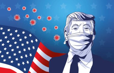 Yüz maskesi takan Trump, ABD bayrağı ve parçacıkları taşıyan Covid 19.