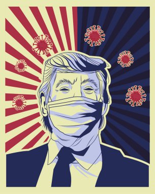 Covid 19 ve parçacıklardan oluşan yüz maskesi giyen Trump