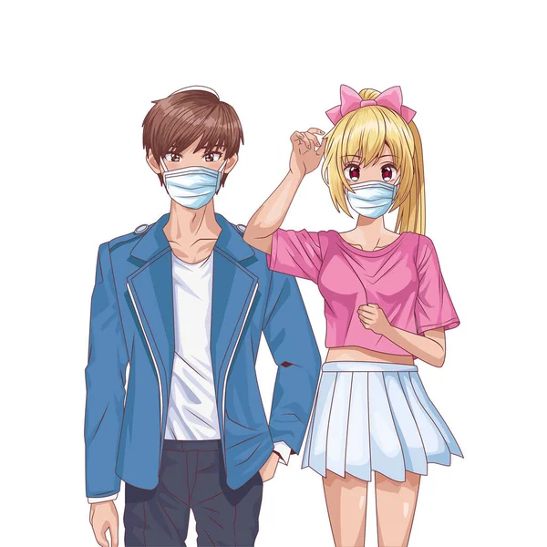 Jong paar met behulp van gezicht maskers anime personages — Stockvector