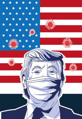 Yüz maskesi takan Trump, ABD bayrağı ve parçacıkları taşıyan Covid 19.