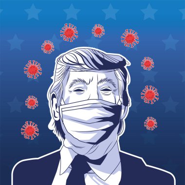 Covid 19 ve parçacıklardan oluşan yüz maskesi giyen Trump