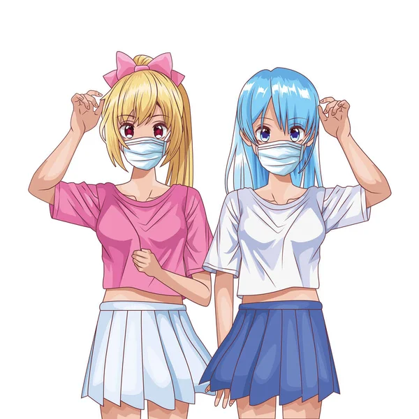 Girls using face masks anime characters — Stock Vector