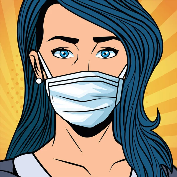Femme utilisant masque facial pour covid19 style pop art — Image vectorielle