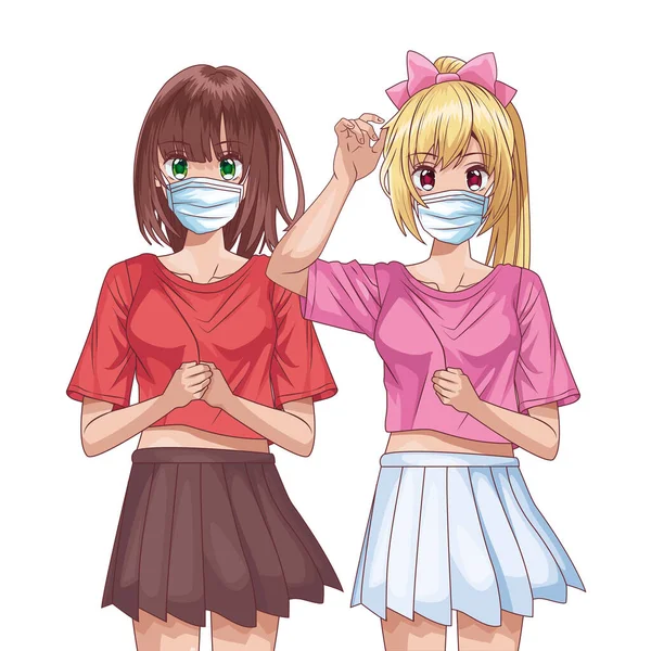 Flickor med ansiktsmasker anime tecken — Stock vektor