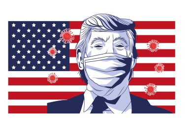 Yüz maskesi takan Trump, ABD bayrağı ve parçacıkları taşıyan Covid 19.