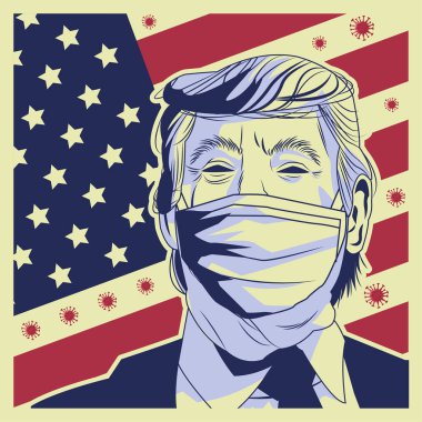 Yüz maskesi takan Trump, ABD bayrağı ve parçacıkları taşıyan Covid 19.