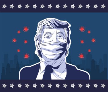 Covid 19 ve parçacıklardan oluşan yüz maskesi giyen Trump