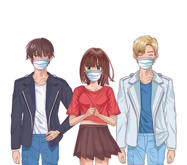 Jóvenes que usan máscaras faciales personajes de anime — Vector de stock