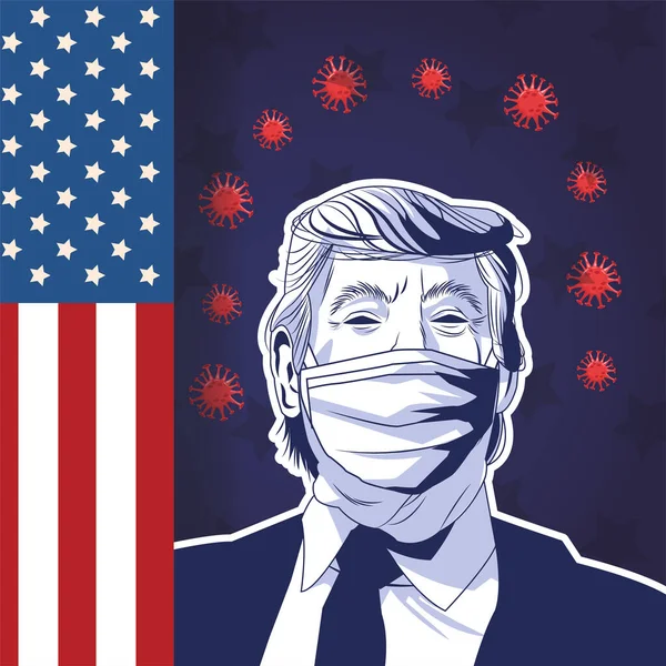 Atout portant un masque facial par covid 19 avec drapeau des Etats-Unis et particules — Image vectorielle