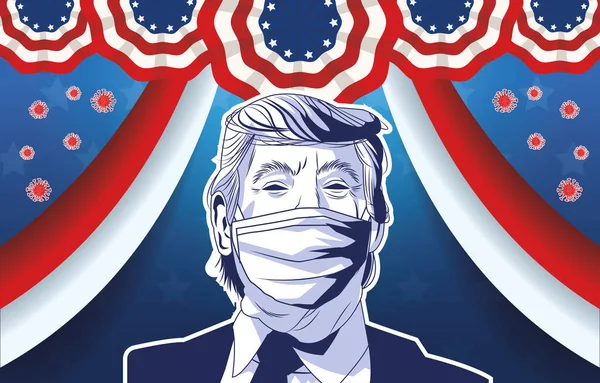 Trumpf mit Gesichtsmaske von covid 19 mit US-Flagge und Partikeln — Stockvektor