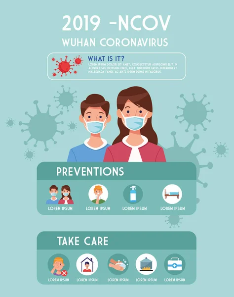 Covid19 πανδημία φυλλάδιο με χρήση μάσκα προσώπου infographics — Διανυσματικό Αρχείο