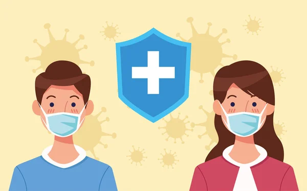 Couple utilisant un masque facial avec bouclier et particules covid19 — Image vectorielle