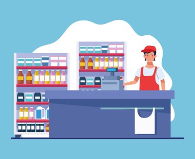 Avatar karakteri üzerinde çalışan süpermarket satıcısı