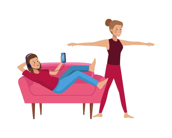 Unga flickor som använder smartphone och motionerar — Stock vektor