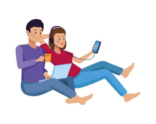 Pareja usando personajes de teléfonos inteligentes y portátiles — Vector de stock