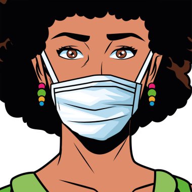 Afro kadın covid19 pop sanat tarzı için yüz maskesi kullanıyor.