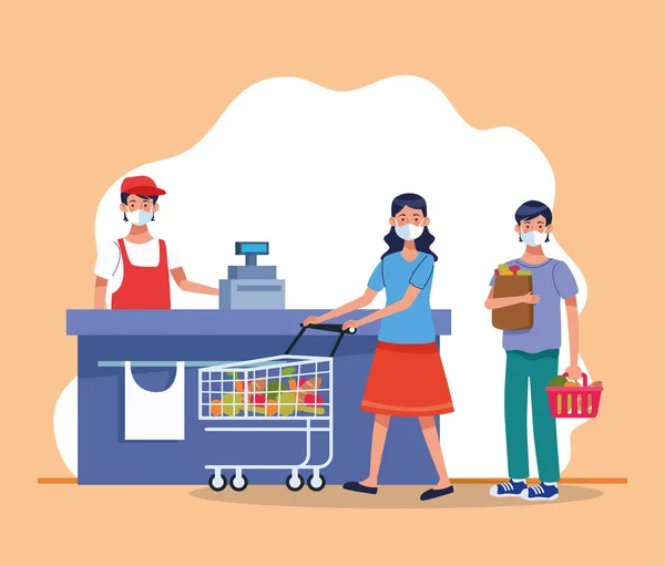 Couple faisant du shopping au supermarché avec masque facial et vendeur — Image vectorielle