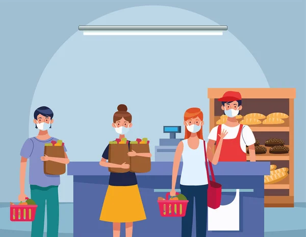 Persone che fanno shopping al supermercato con maschera viso — Vettoriale Stock