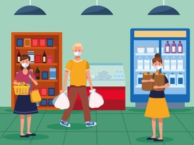 İnsanlar süpermarkette yüz maskesi takıp alışveriş yapıyorlar.