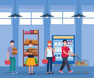 İnsanlar süpermarkette yüz maskesi takıp alışveriş yapıyorlar.