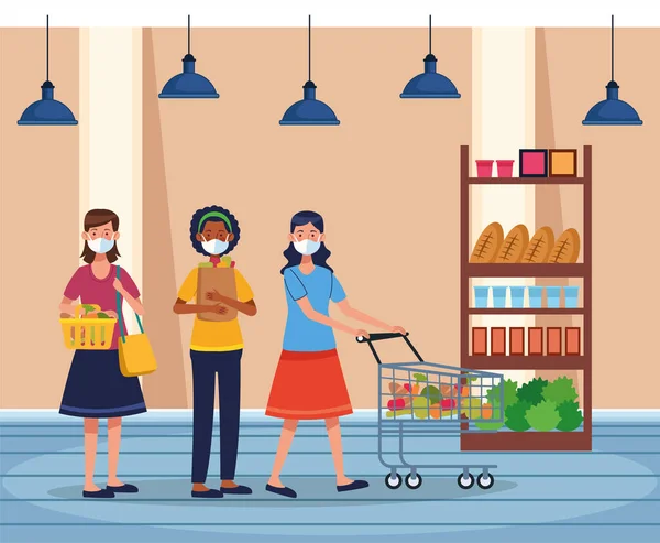 Mulheres fazendo compras no supermercado com máscara facial —  Vetores de Stock