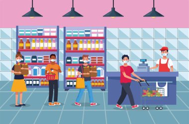 İnsanlar süpermarkette yüz maskesi takıp alışveriş yapıyorlar.