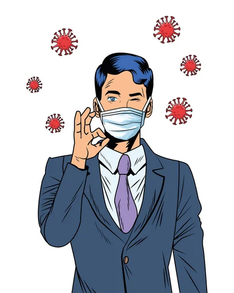 Businessman using face mask and covid19 particles pop art style — Stock Vector