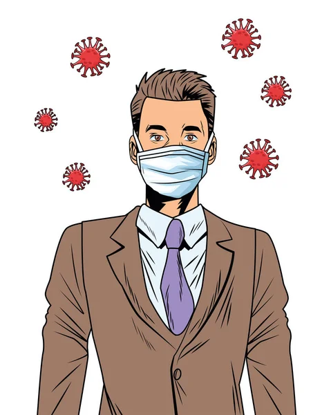 Businessman using face mask and covid19 particles pop art style — Stock Vector