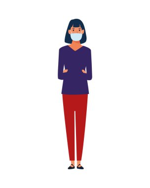 Kadın, covid19 karakteri için yüz maskesi kullanıyor