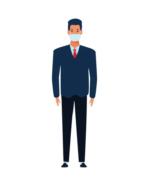 Hombre de negocios usando mascarilla para el personaje covid19 — Vector de stock