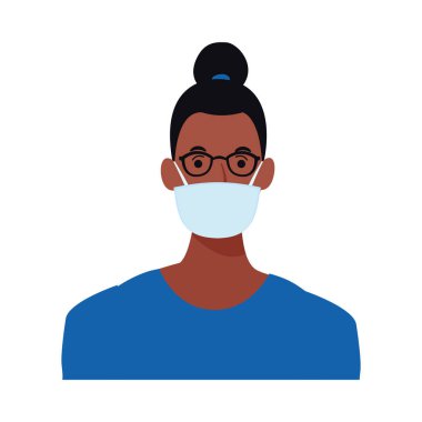 Afro kadın, Covid19 karakteri için yüz maskesi kullanıyor.