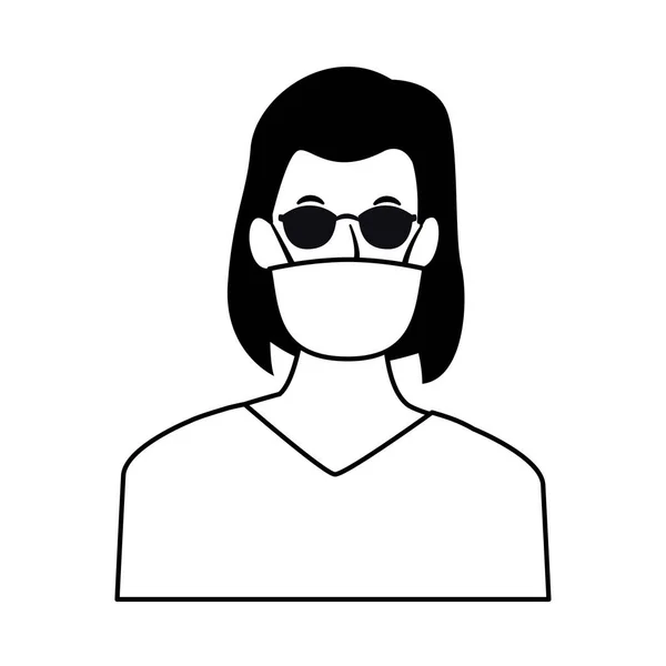 Mujer usando mascarilla facial y gafas de sol para covid19 — Vector de stock