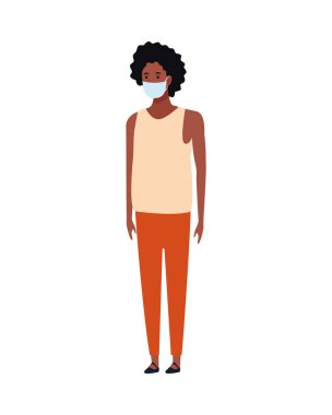 Afro kadın, Covid19 karakteri için yüz maskesi kullanıyor.