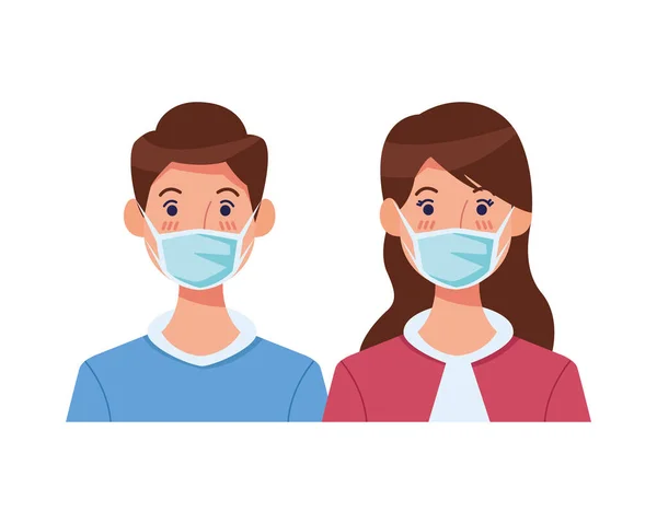 Couple utilisant des masques visage personnages — Image vectorielle