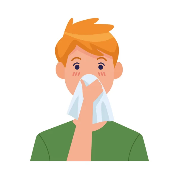 Man sick with runny nose covid19 symptom — Stock Vector
