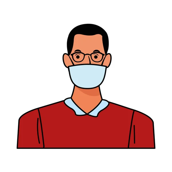Hombre usando mascarilla facial y gafas para covid19 carácter — Archivo Imágenes Vectoriales