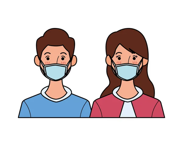 Couple using face masks characters — Stock Vector