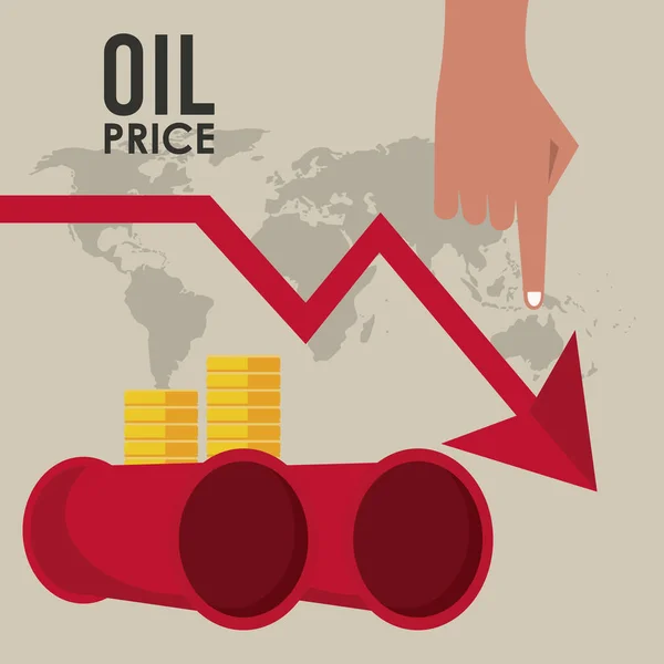 Infographie des prix du pétrole avec barils et flèche vers le bas — Image vectorielle
