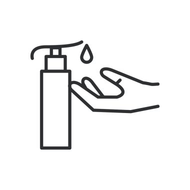 Antibakteriyel sabun şişesi çizgi ikonu ile el.