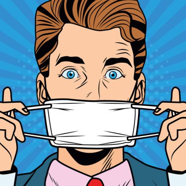 Adam yüz maskesi kullanıyor. Covid19 pop sanat tarzı.