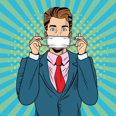 Adam yüz maskesi kullanıyor. Covid19 pop sanat tarzı.