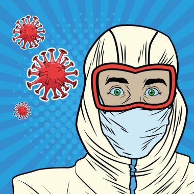 Biyolojik giysili adam covid19 parçacık salgını