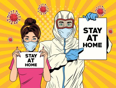 Biyo-sosyal giysili çift ve evde kalıp covid19 salgınını takip ediyorlar.