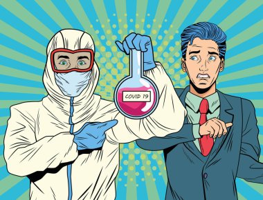 Biyolojik giysili ve tüp testli bir adam.